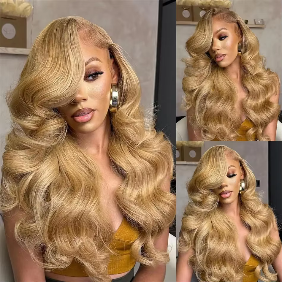 Perruque Lace Front Wig Body Wave Naturelle, Cheveux Humains, Couleur Blond Miel #27, 13x4, HD, pour
