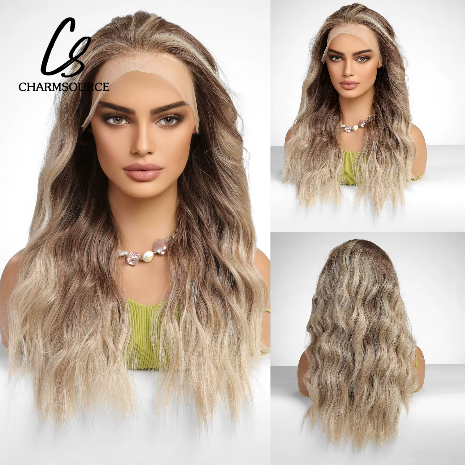 CharmSource 13x4 dentelle avant perruques marron Ombre Blonde synthétique longue ondulée bouclés per