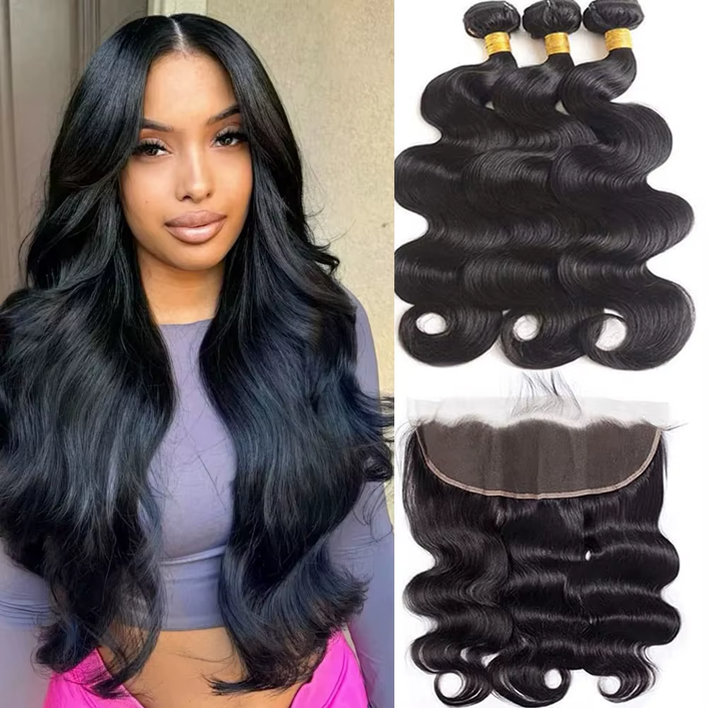 Extensions de cheveux humains naturels Remy Body Wave en lots avec frontal, 3 lots avec frontal en d