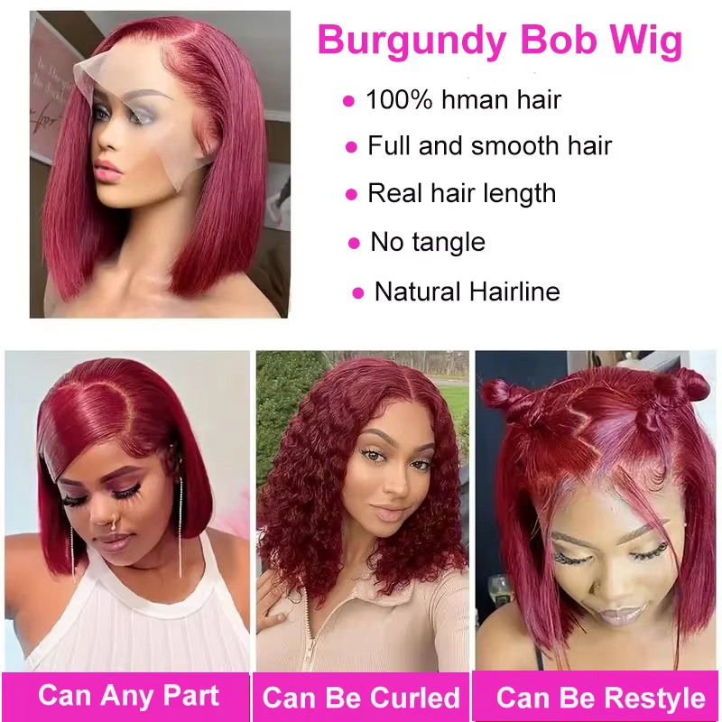 Perruque Courte Droite Bob Bourgogne 99J, Perruque Lace Frontale 13x4 Rouge, Cheveux Humains Brésili