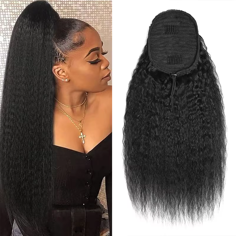 Extension de cheveux humains queue de cheval droite crépue 100% cheveux humains réels enrouler autou