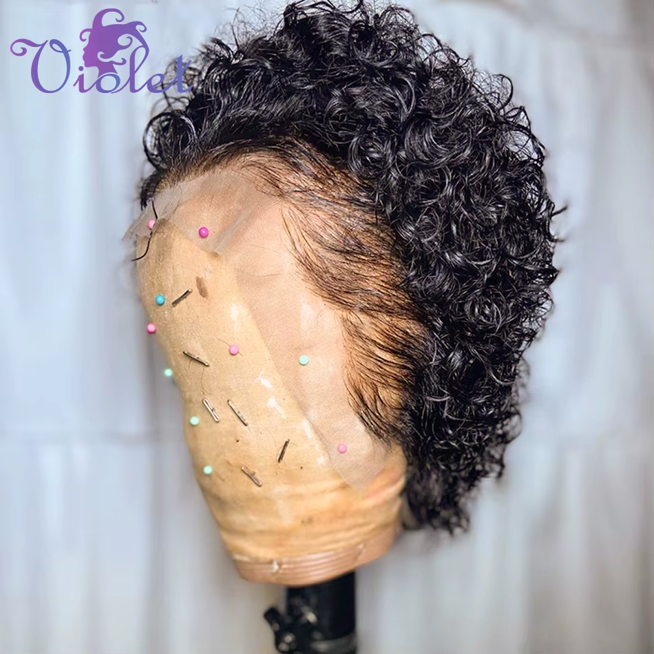 Perruques Courtes Bouclées Pixie Cut en Cheveux Humains, Lace Front, 6 Pouces, 13x1 13x4, Dentelle T