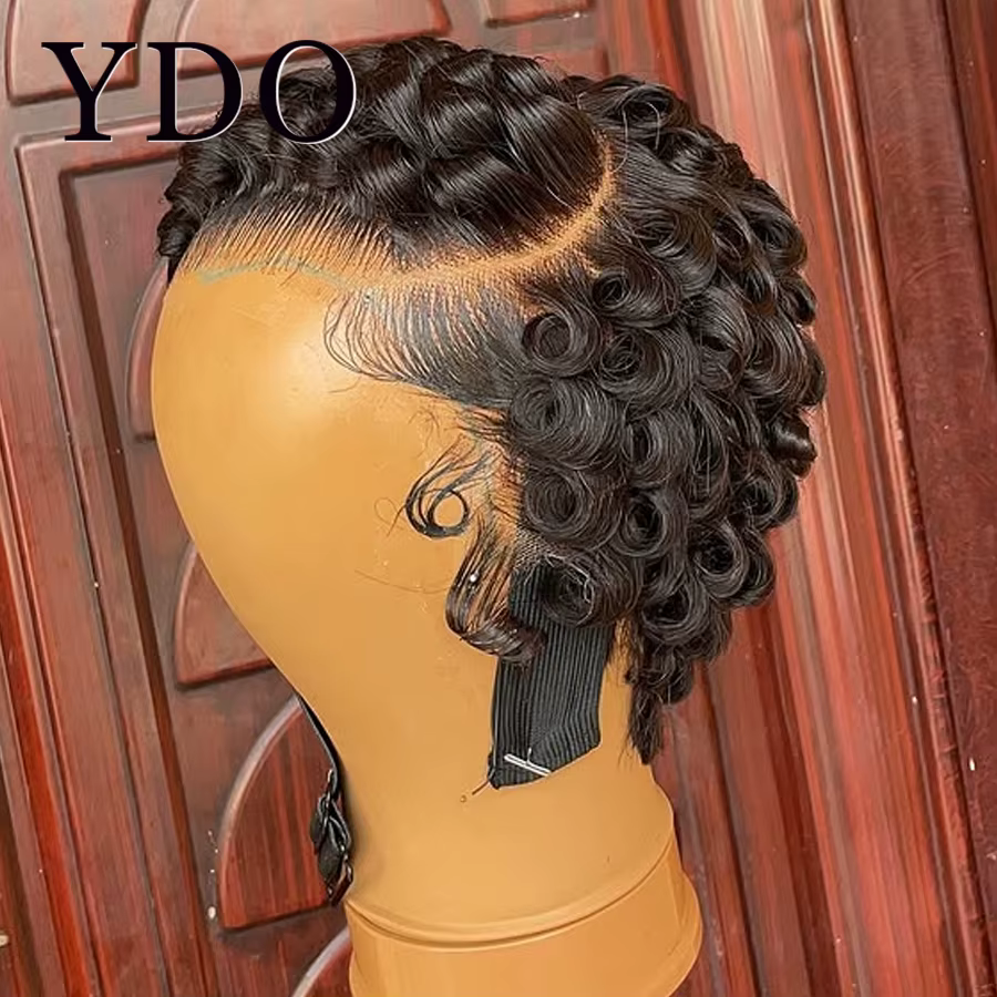 Perruque courte coupe pixie 13x4 en dentelle frontale complète, perruque en cheveux humains bouclés 
