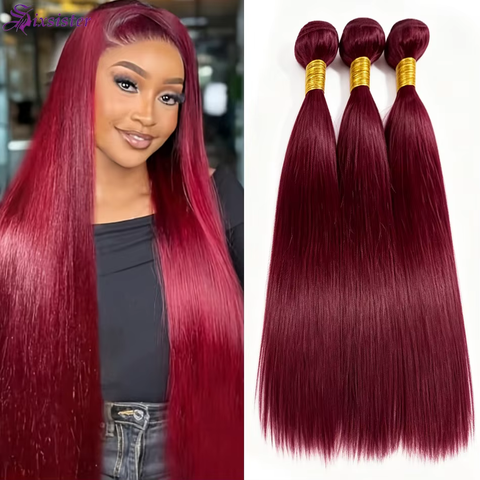 Couleur # Extensions de cheveux humains lisses bordeaux 99J, lots de 3 mèches brésiliennes vierges c