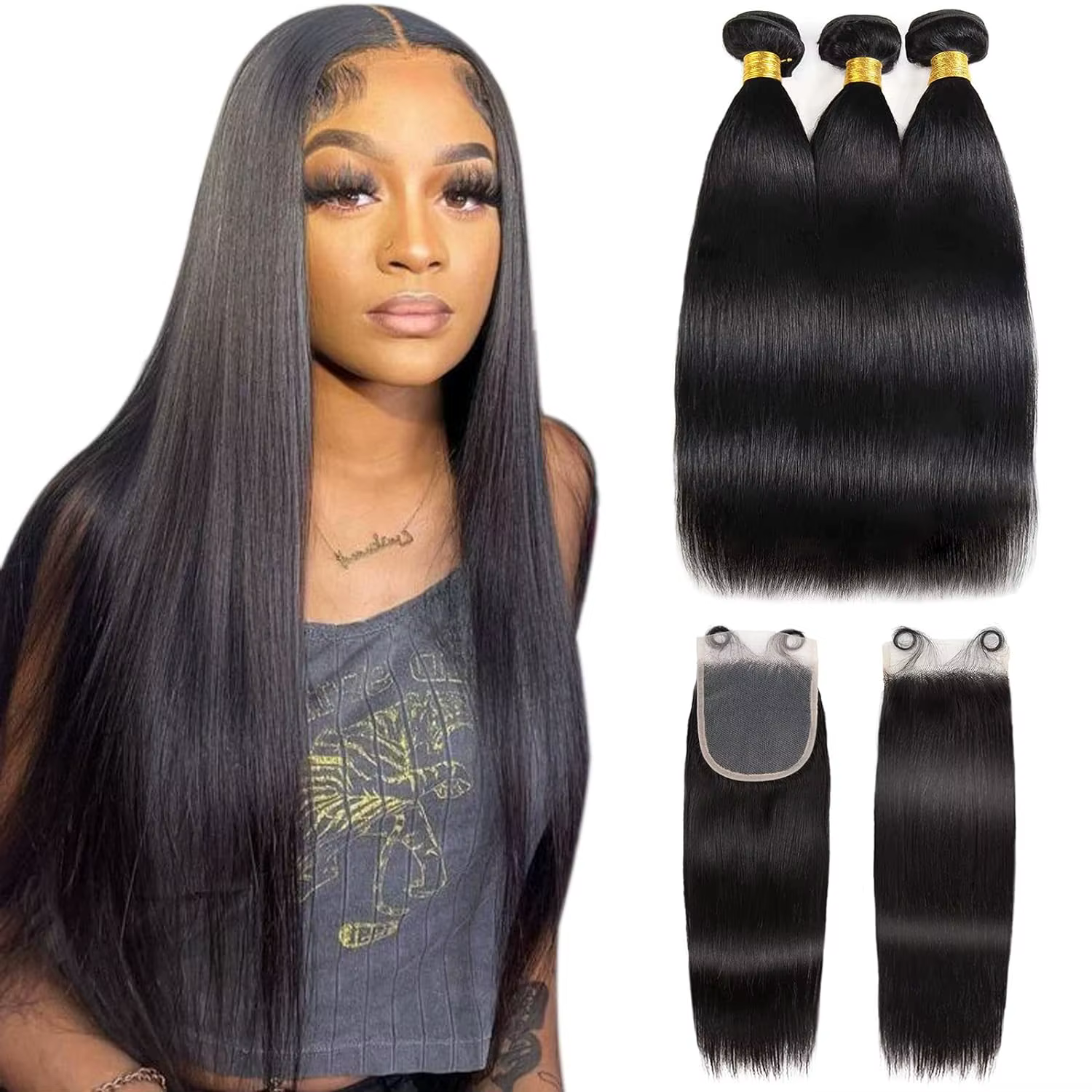 Mèches Brésiliennes Naturelles Lisses avec Closure, Cheveux de Bébé, 100% Non Traités, 4x4, 3 Lots