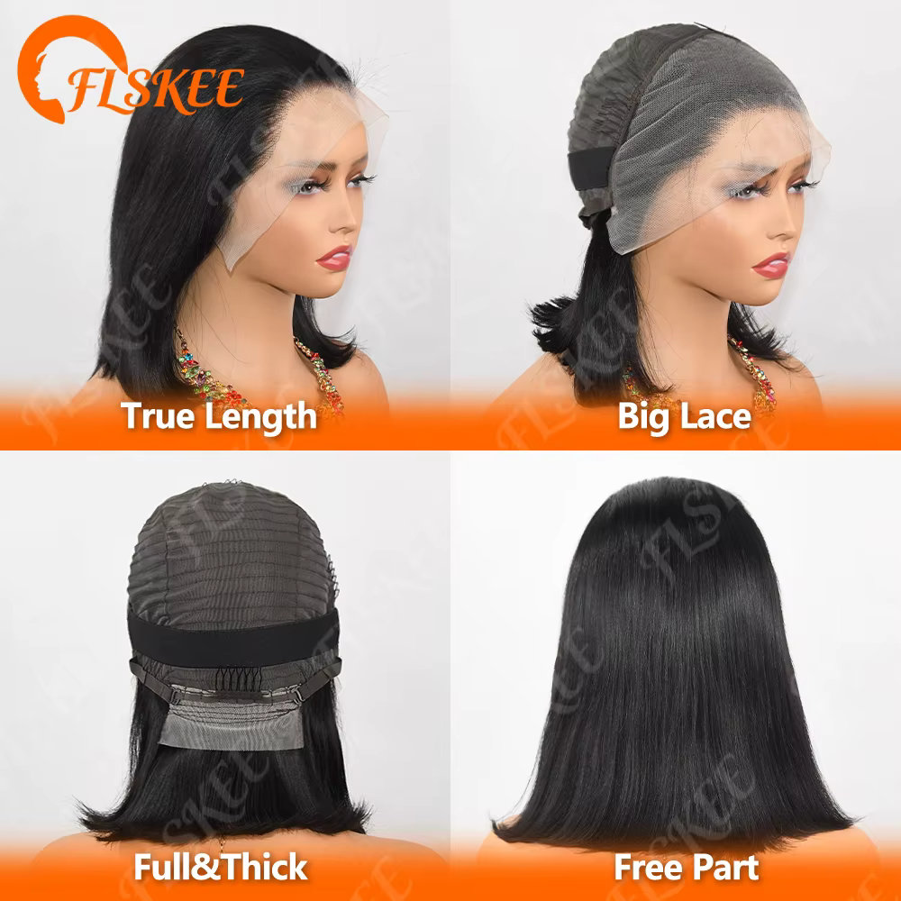 Perruque Bob Droite 13x6 en Cheveux Humains 200 Densité Perruque Frontale en Dentelle Transparente C