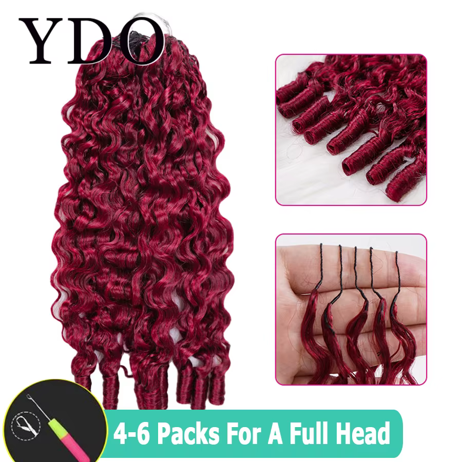 Extensions de cheveux 100% humains, bouclés style birman, couleur bordeaux 99J, pré-séparés, invisib