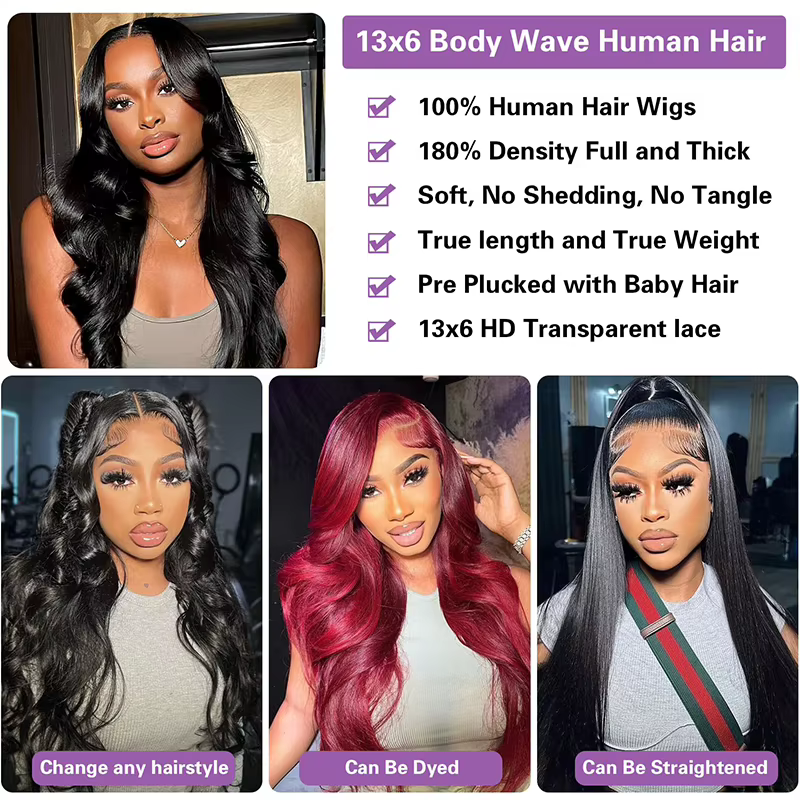 Perruque Lace Front Wig Body Wave Naturelle, Cheveux Humains, 13x6, 13x4, Pre-Plucked, Baby Hair, De