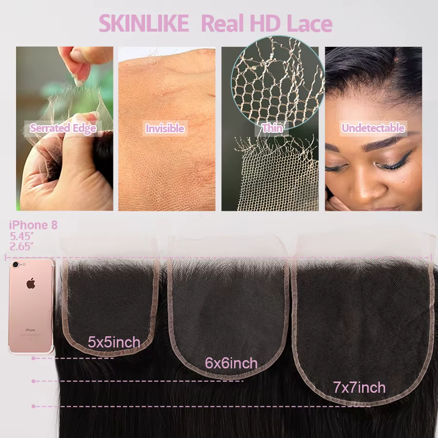 Perruque Lace Closure Remy Naturelle, Cheveux Lisses, 7x7, 6x6, Pre-Plucked, Only Invisible HD Trans
