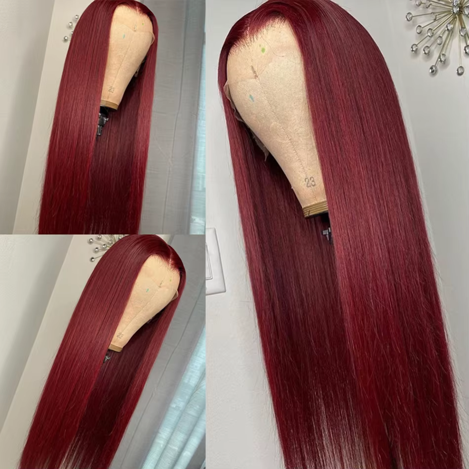 Liquidation en gros 13x4 99J rouge bordeaux couleur perruques de cheveux humains HD dentelle frontal