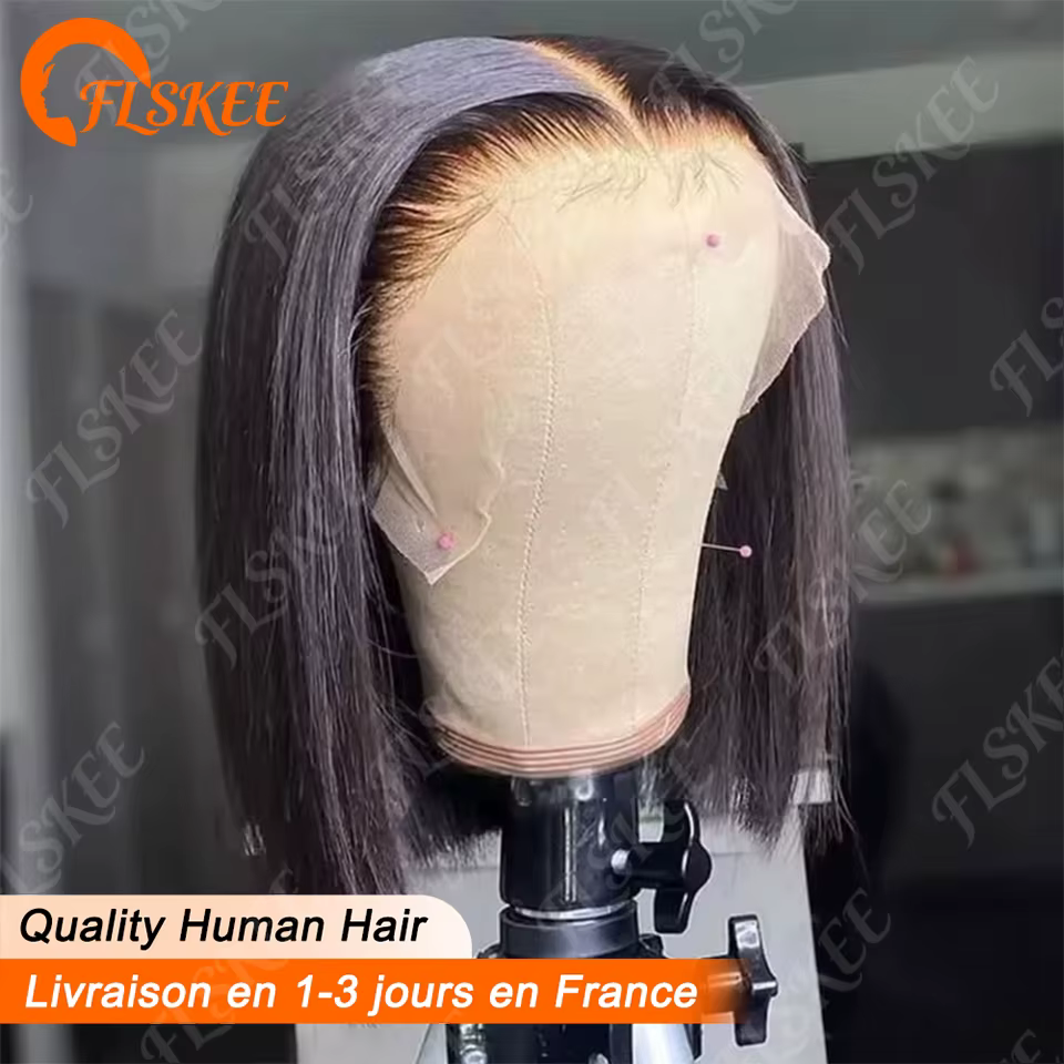 Perruque Bob Droite 13x6 en Cheveux Humains 200 Densité Perruque Frontale en Dentelle Transparente C