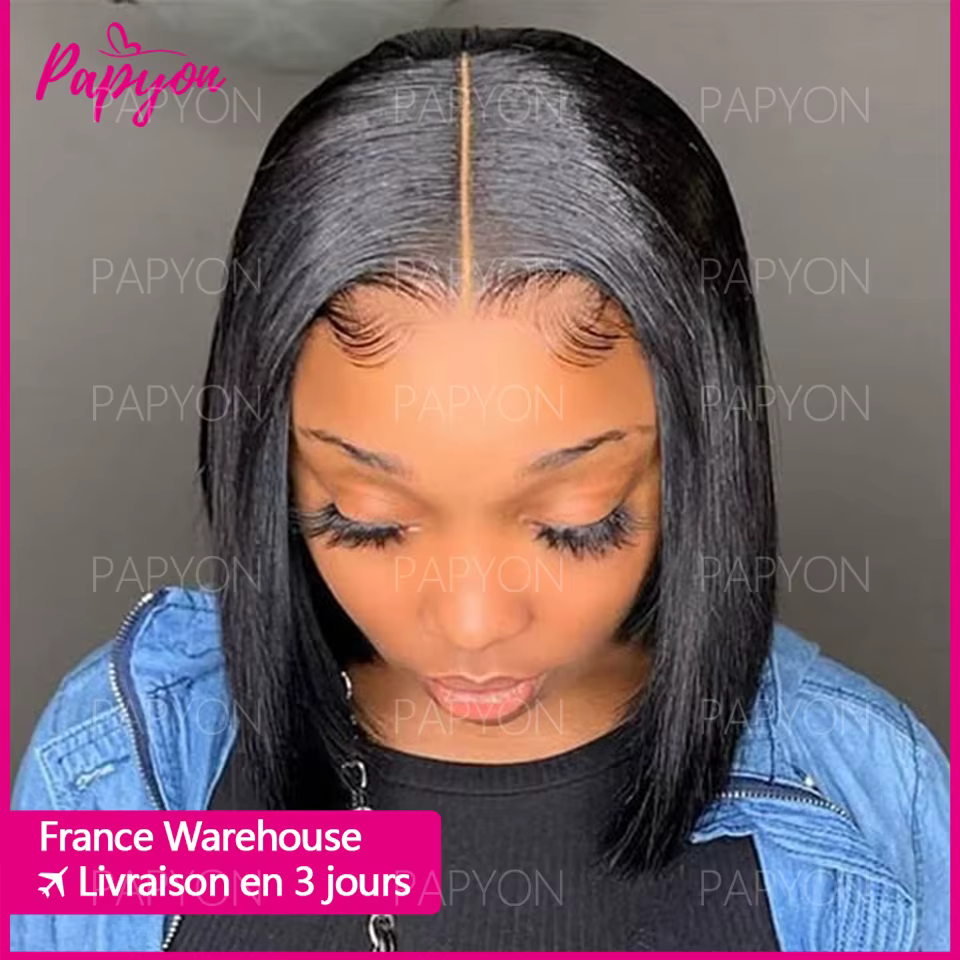 Perruques courtes Bob cordon élastiq Droites Sans Colle Prêtes  Porter Perruques de Cheveux Humains 