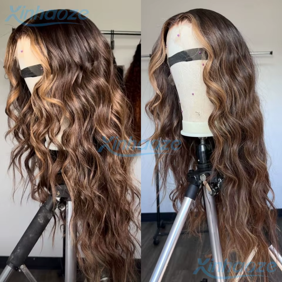 Balayage brun blond lâche ondulé mettre en évidence 5x5 soie haut fermeture perruques Remy brésilien