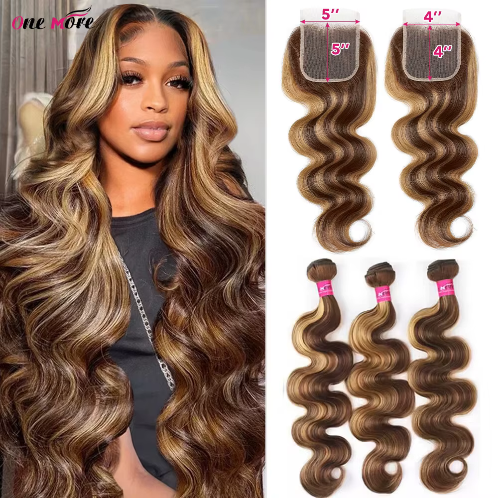 Lot de 5x5 mèches de cheveux humains blond miel ondulées avec closure, couleur ombrée et mèches cont