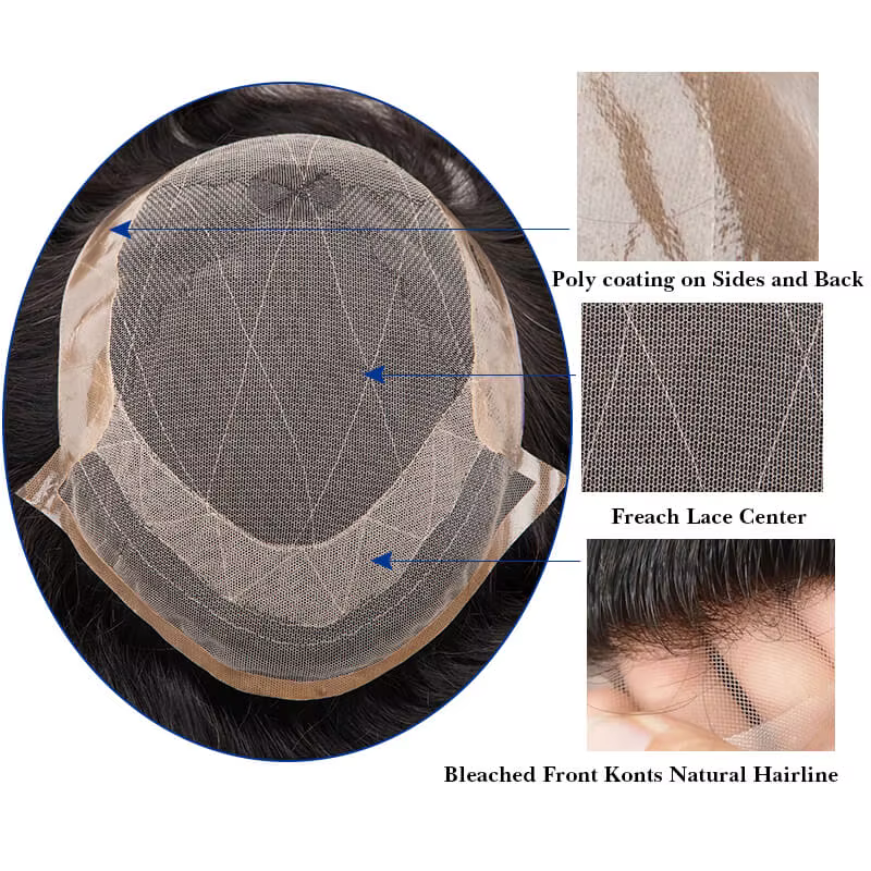 Perruque toupet en cheveux naturels pour homme, prothèse masculine, densité 130%, système d'exhuast,
