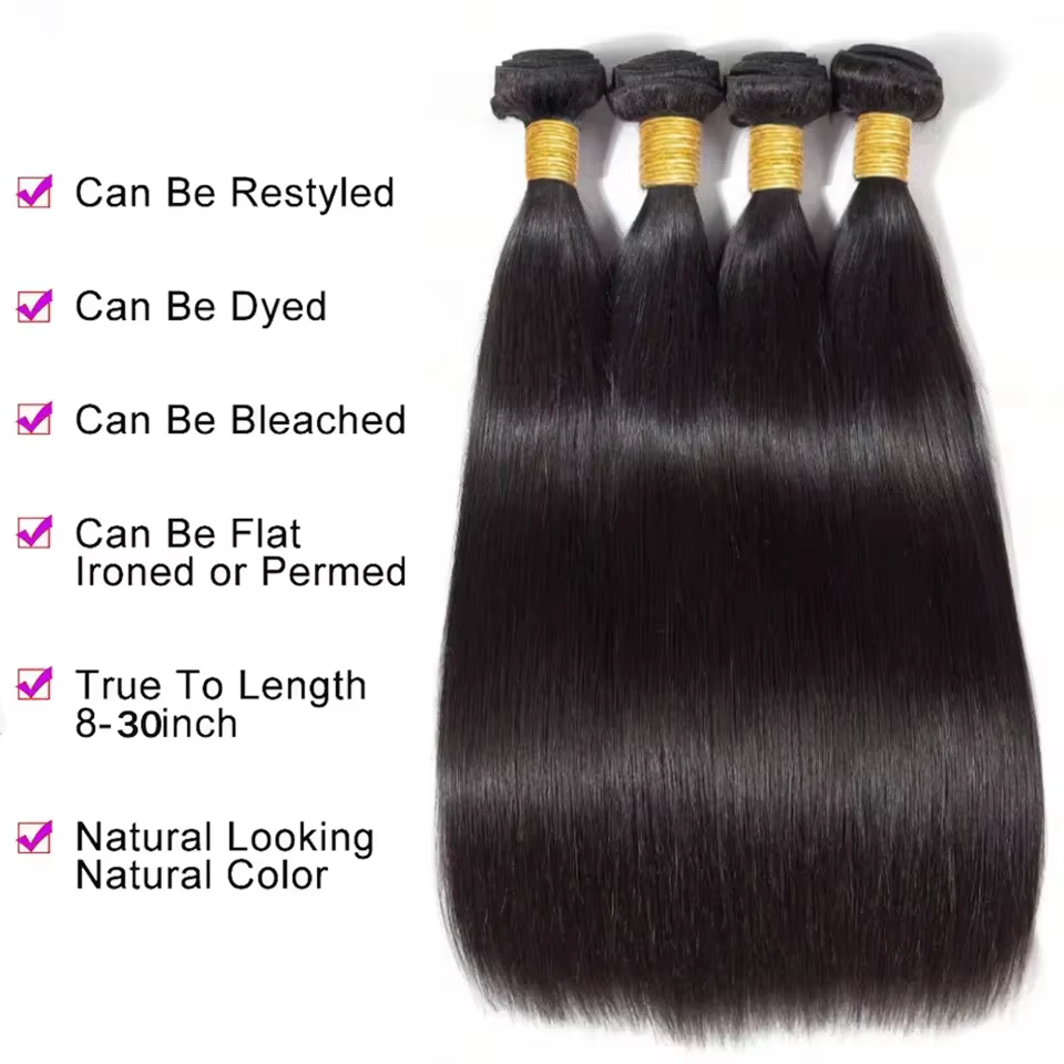 Extensions de cheveux humains brésiliens vierges, lisses, couleur naturelle, 30-36 pouces, 1, 3 ou 4