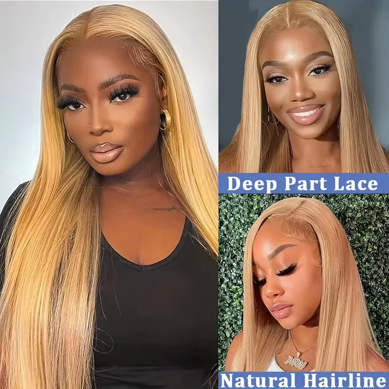 Perruque Lace Front Wig lisse naturelle-Sophia, cheveux humains, blond miel #27, 13x6 HD, perruque t