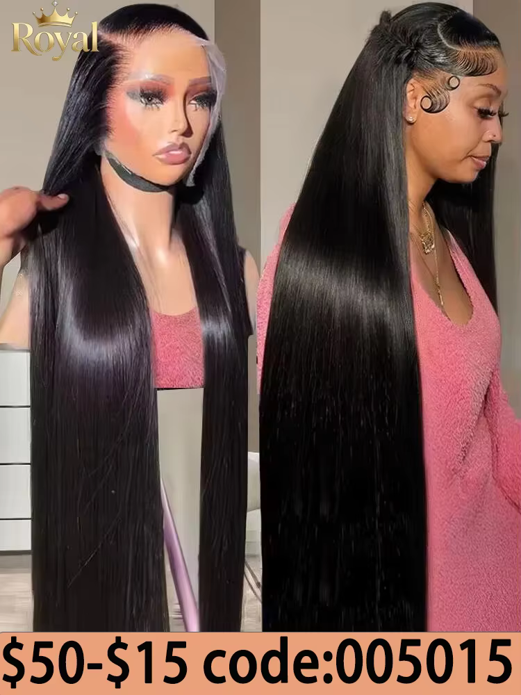 Perruque en cheveux humains lisses 13x4 avec dentelle frontale HD de 30 à 36 pouces, perruque en den