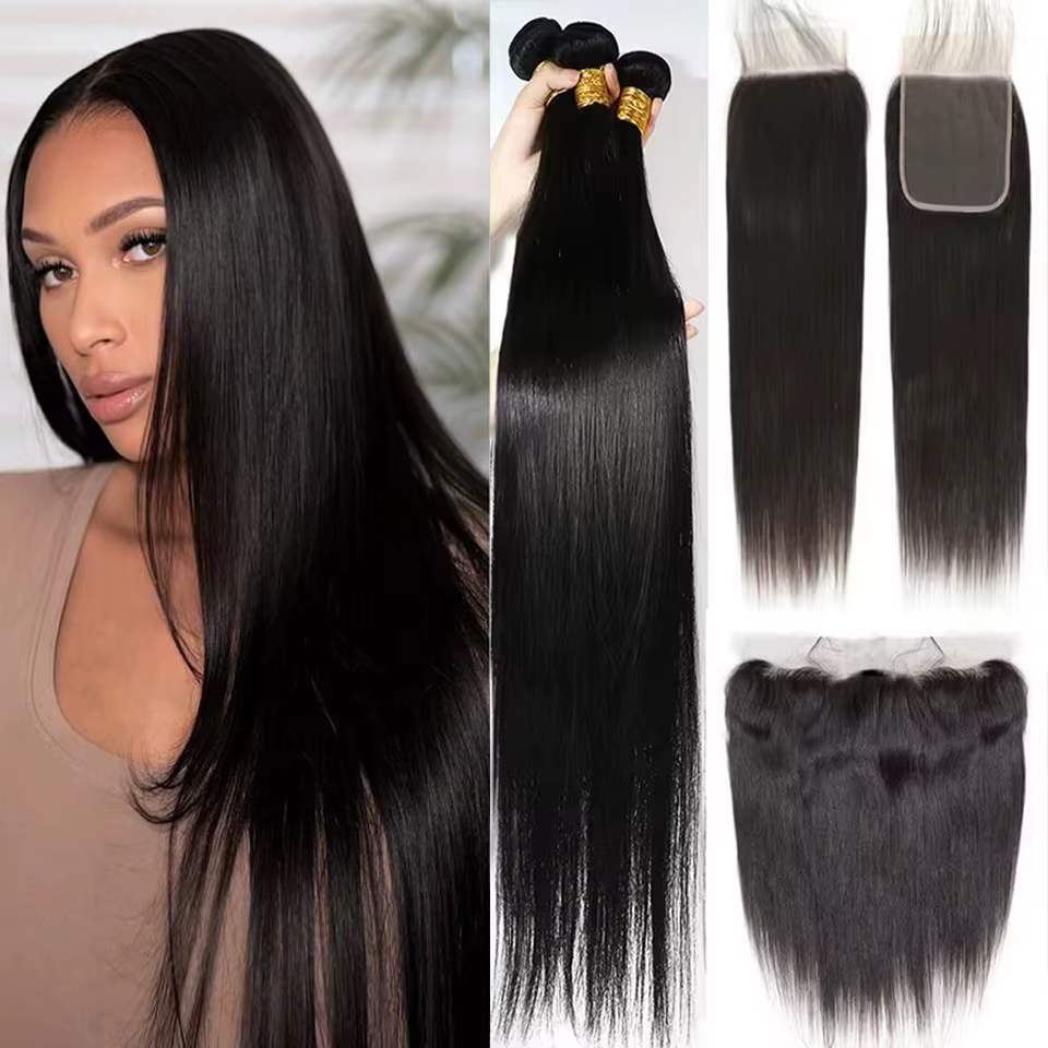 Extensions de cheveux humains lisses en lots de 12 à 32 pouces avec frontal en dentelle 13x4, tissag
