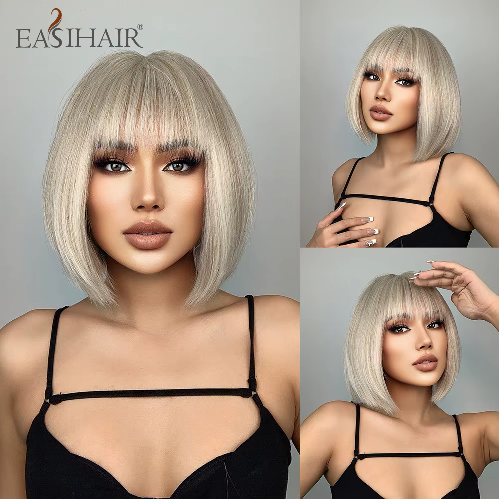 EASIHAIR – perruque Bob synthétique courte et lisse, perruque naturelle ombrée brune blonde avec fra