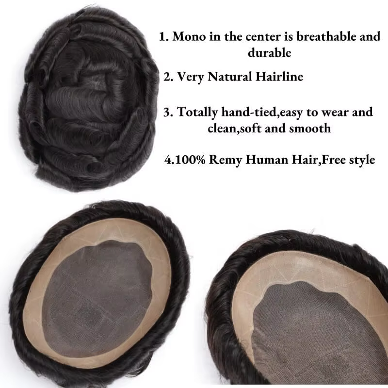 Hommes perruque cheveux humains toupet Mono mâle perruque 130% densité Durable mâle cheveux prothèse