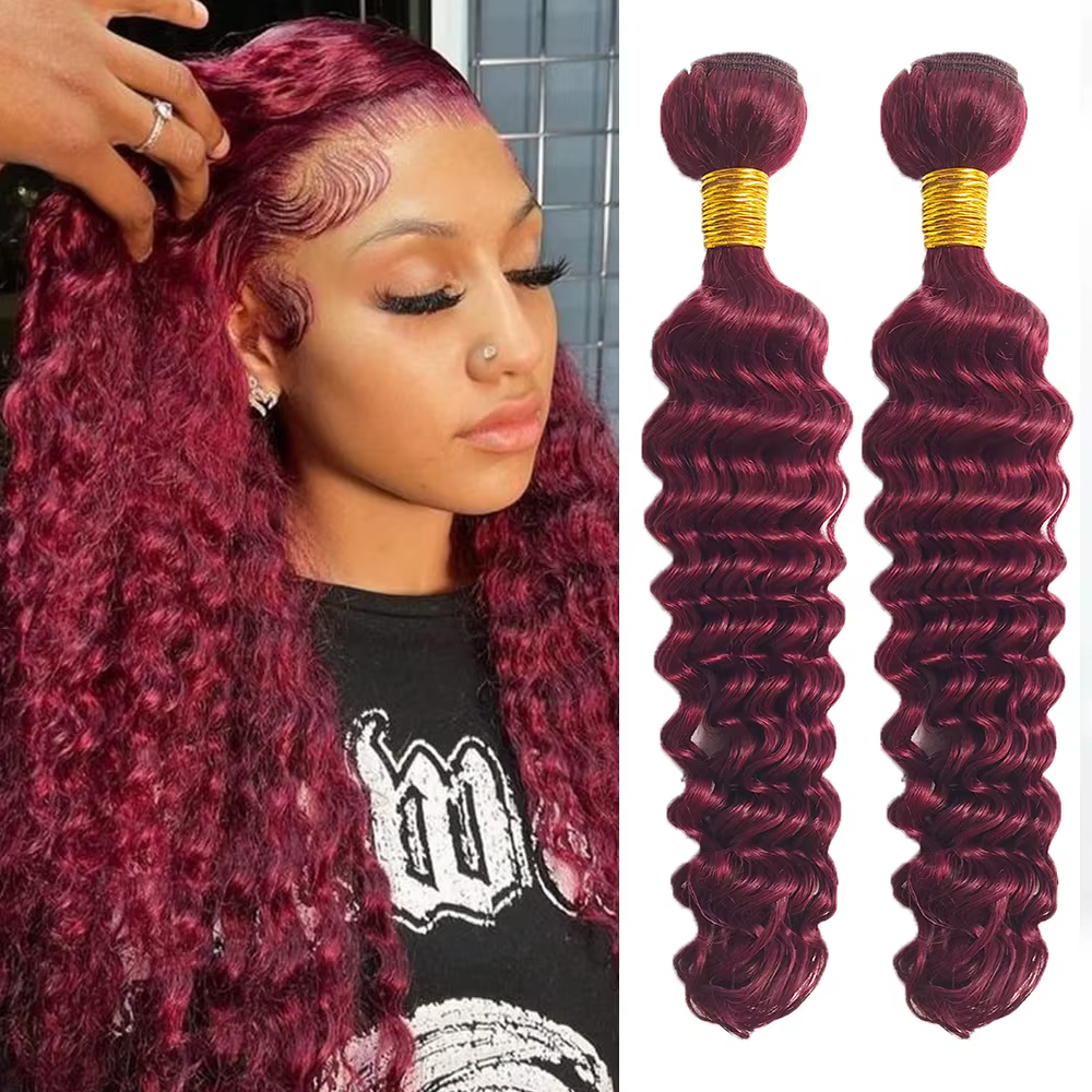 Mèches naturelles Remy bouclées birmans, Extensions de cheveux, bordeaux, rouge 99J, tissage de chev