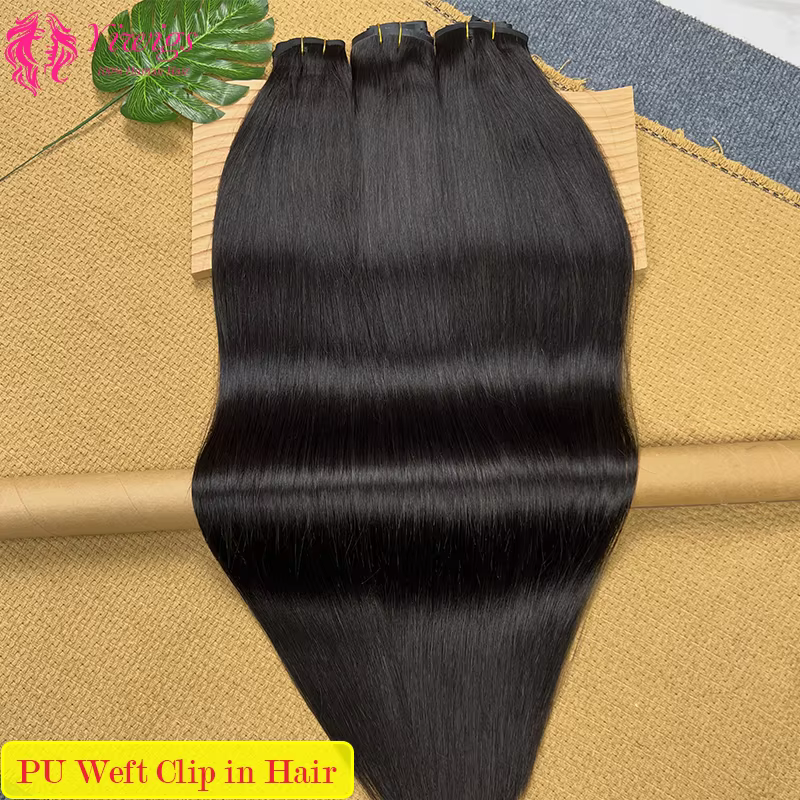 Extensions de cheveux invisibles sans couture 15A en PU, cheveux humains naturels noirs lisses, 100%