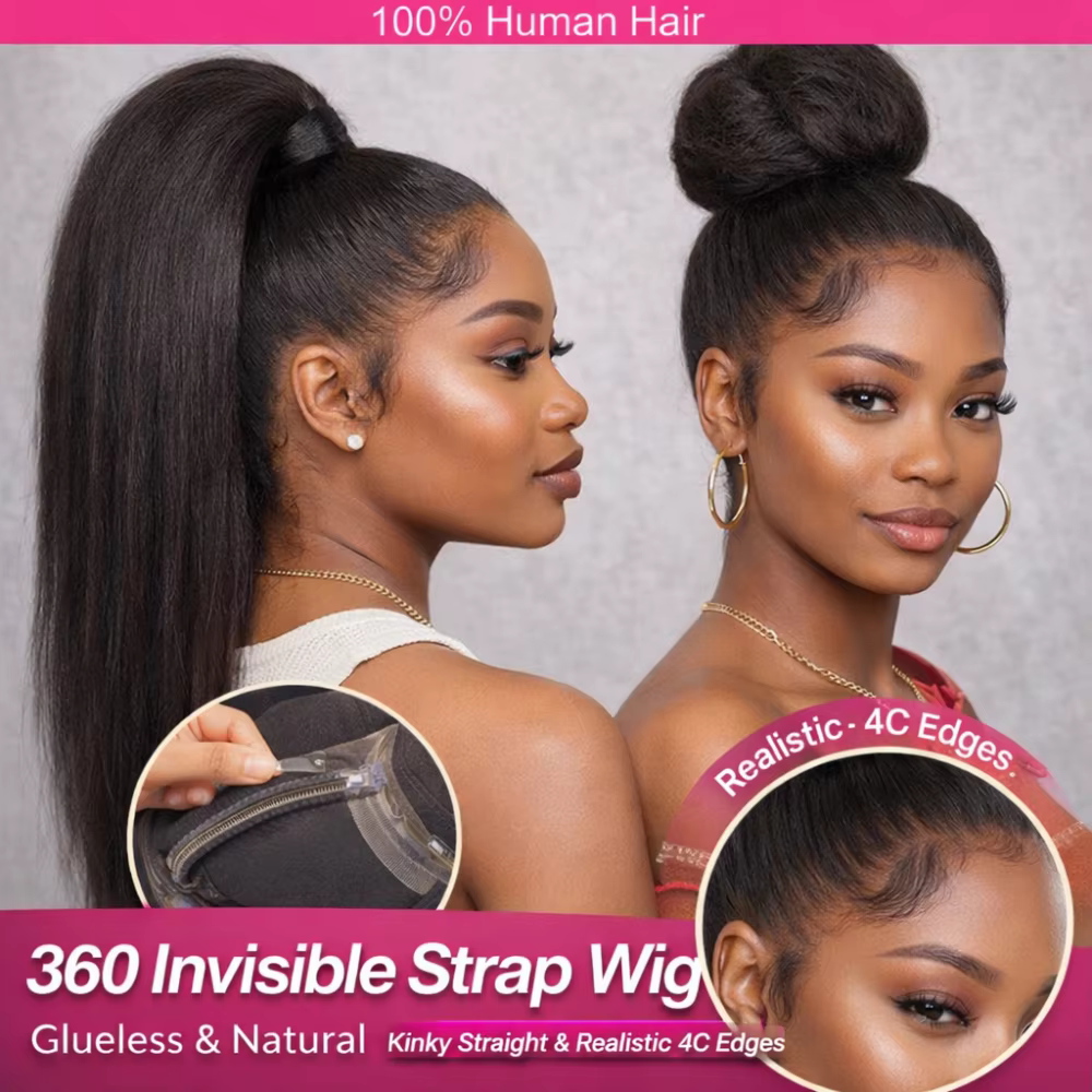 Perruque sans colle 360 Kinky Straight, densité 250, dentelle HD, sangle invisible, dentelle pré-cou