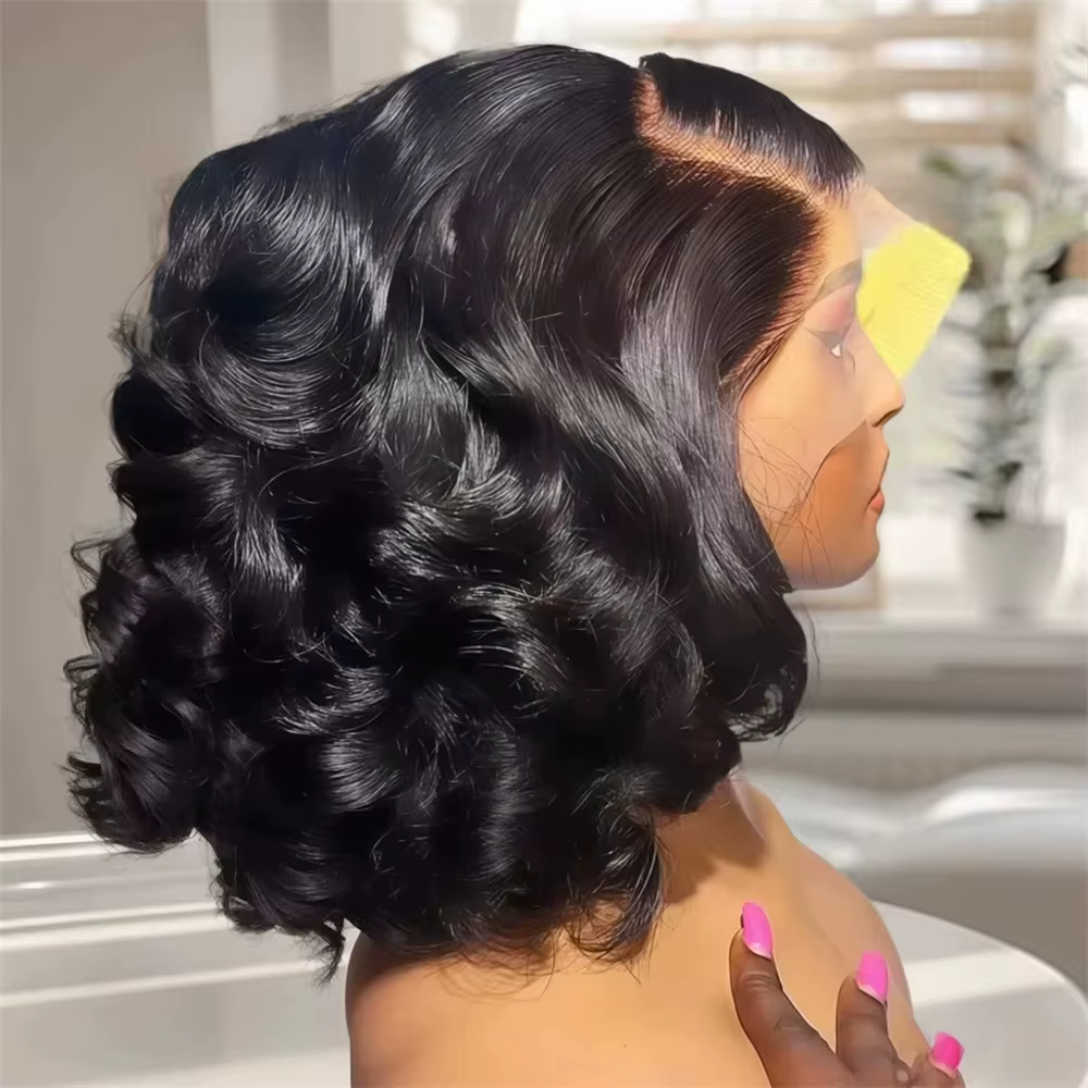 Perruque Bob 100% Cheveux Humains Ondulés avec Dentelle Frontale Pré-Pluckée 13x4, Perruque Courte B