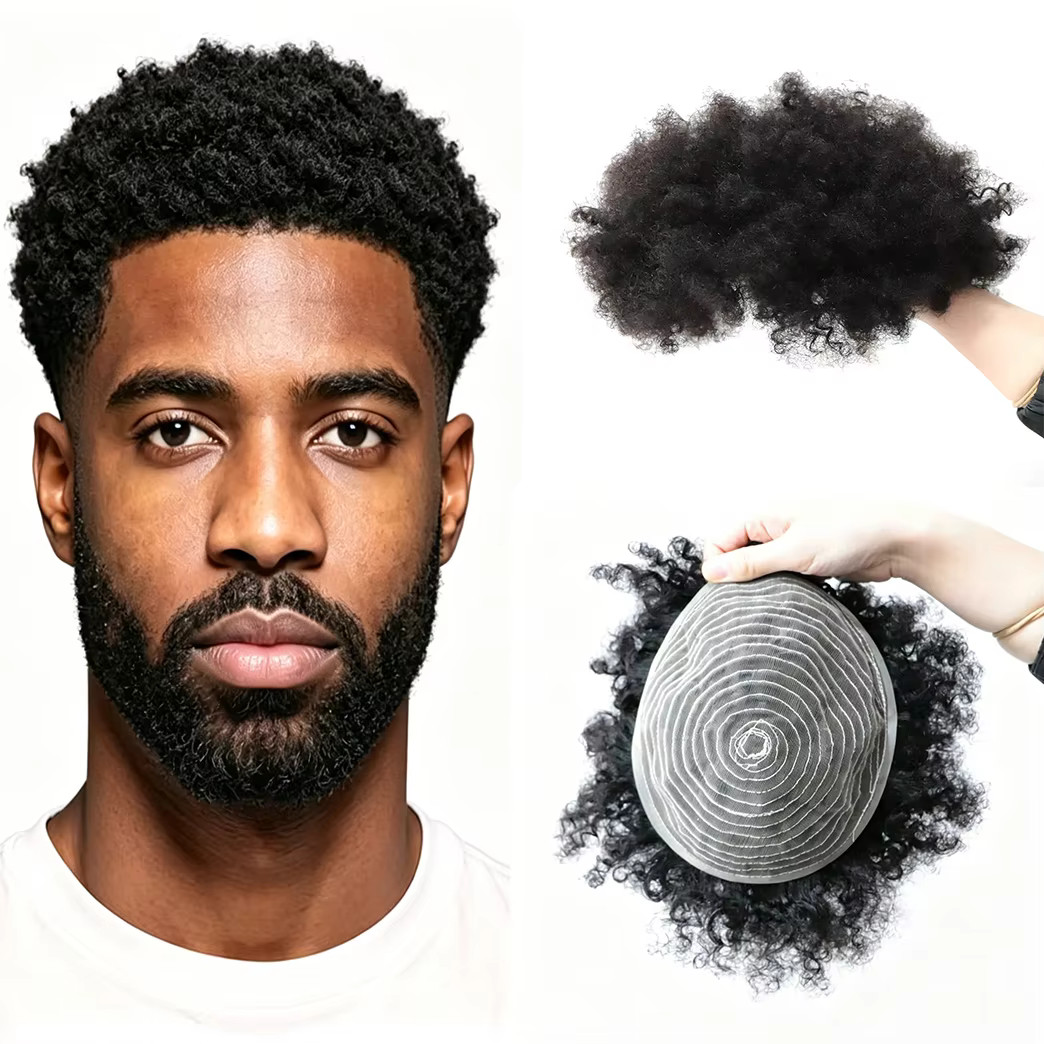 Perruque en cheveux humains bouclés africains pour hommes | Couverture complète avec base en dente