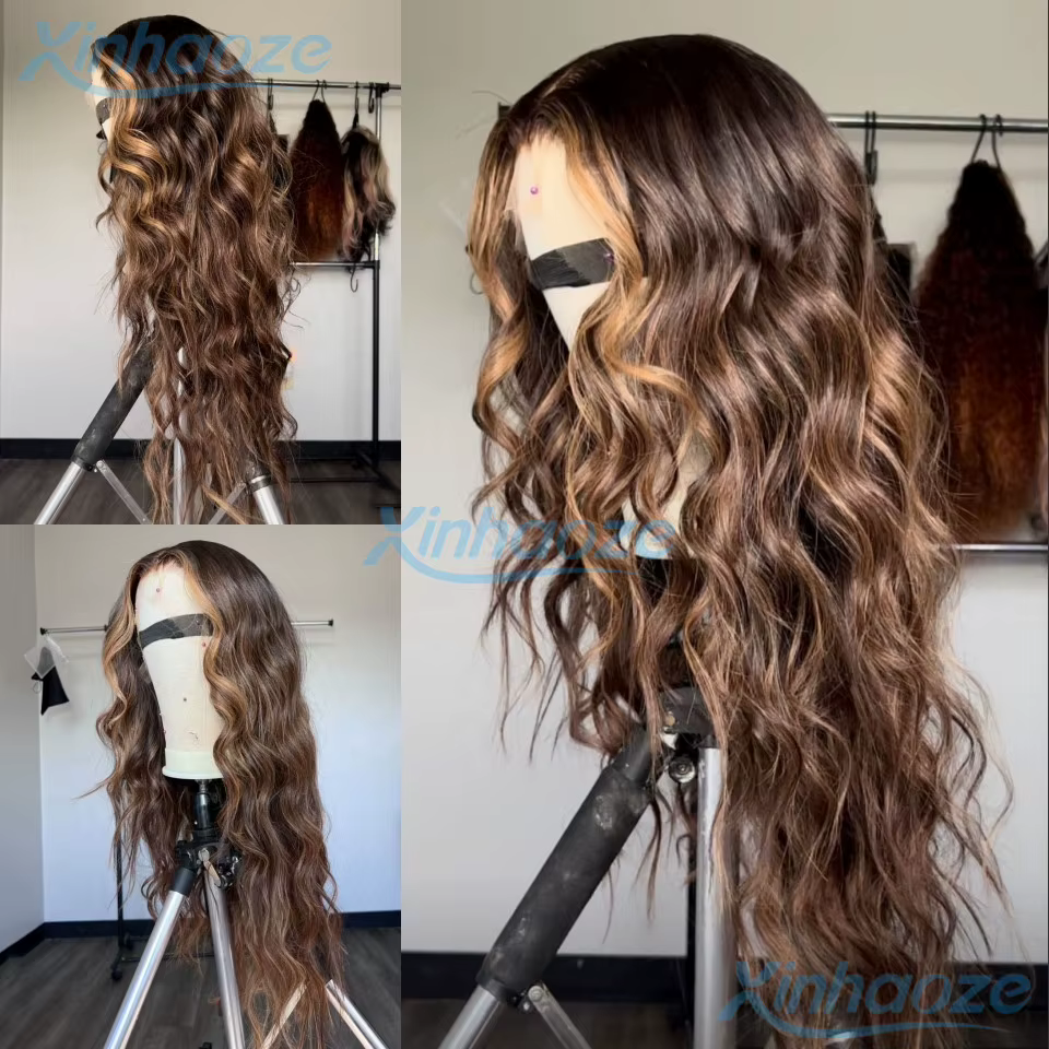 Balayage brun blond lâche ondulé mettre en évidence 5x5 soie haut fermeture perruques Remy brésilien
