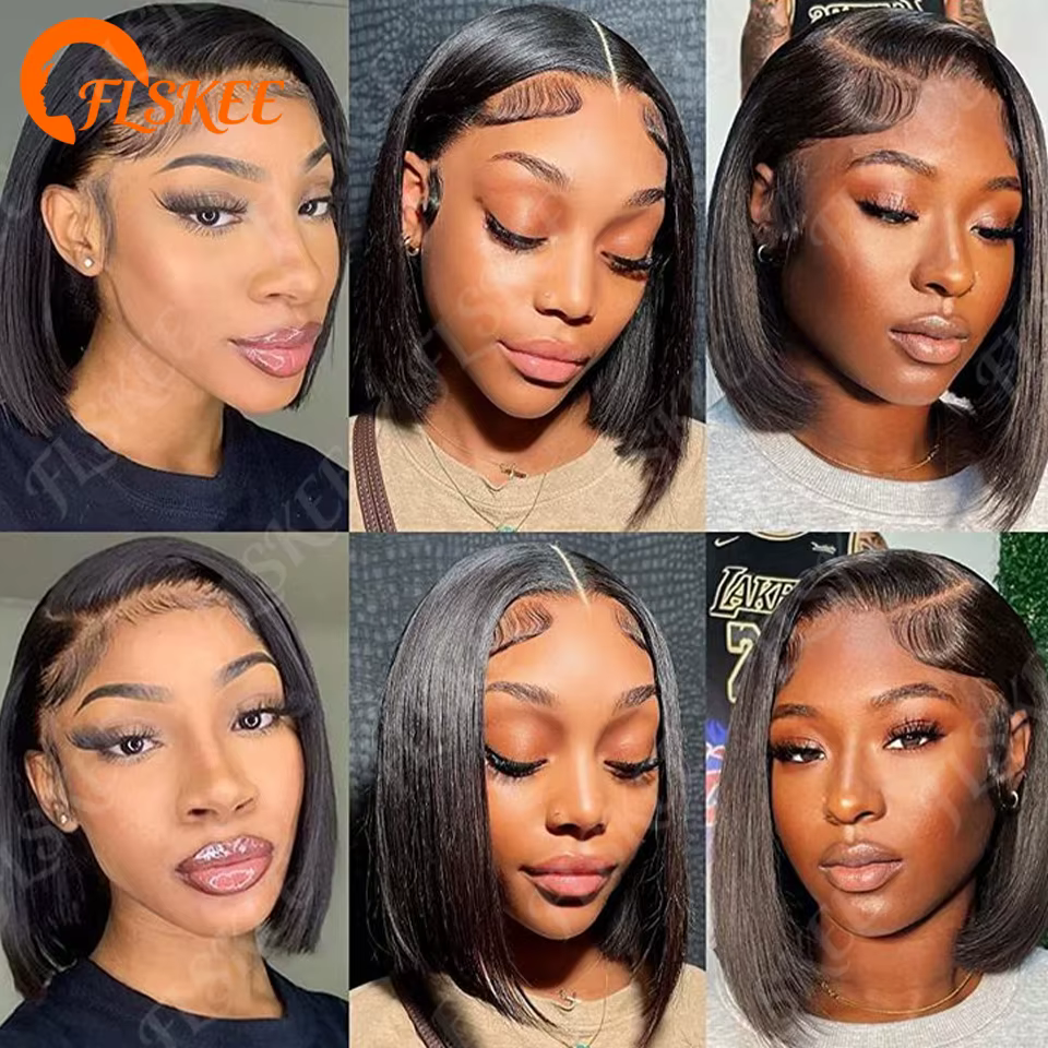 Perruque Bob Droite 13x6 en Cheveux Humains 200 Densité Perruque Frontale en Dentelle Transparente C