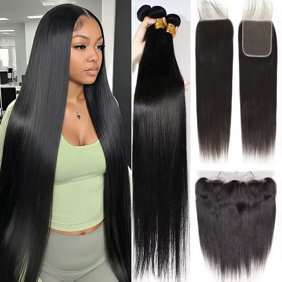 Extensions de cheveux humains lisses en lots de 28, 30, 32 pouces avec frontal en dentelle 13x4, tis