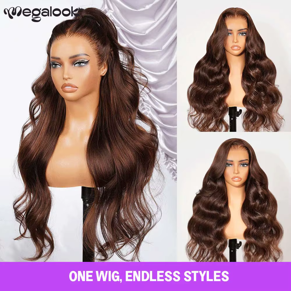 Perruque sans colle mixte marron 13x6 oreille à oreille, Body Wave ombré marron avec cordon de serra