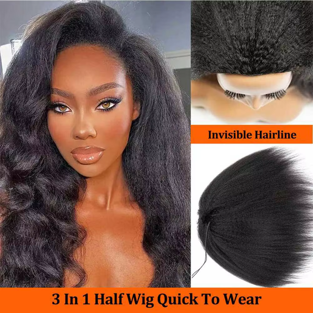 Demi-perruque de cheveux humains 3 en 1, avec cordon de serrage, demi-perruque lisse et crépue, prêt