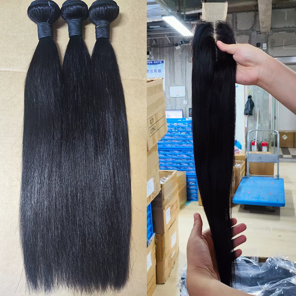 12A paquets de cheveux humains droits et fermeture 2x6 paquets d'armure de cheveux bruts brésiliens