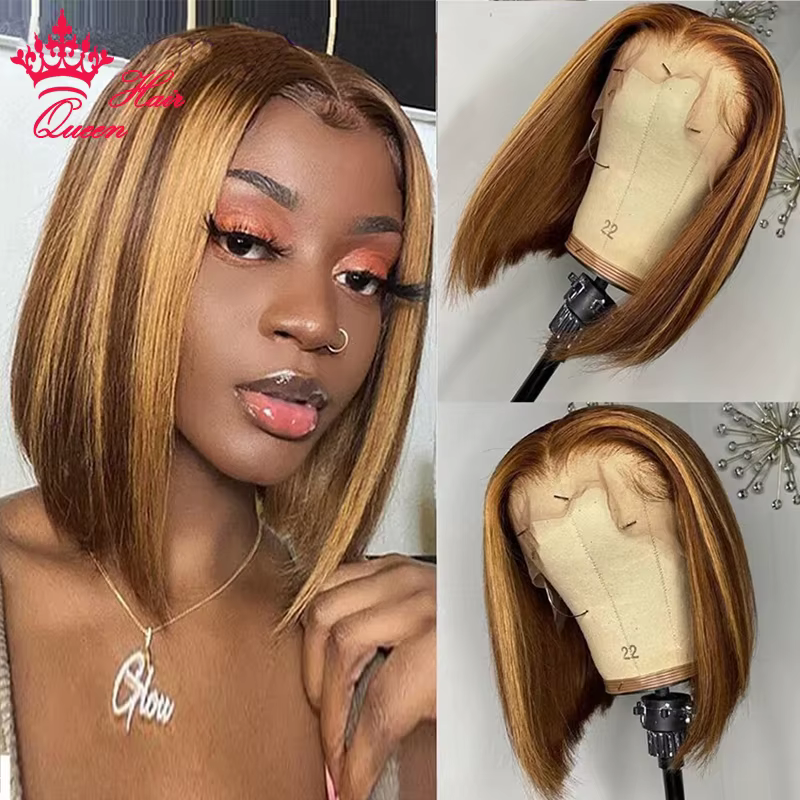 Queen Hair HD Highlight Bob Wig P4/27 100% virgin human hair Bone Straight Human Hair 13x6 13x4 Lace