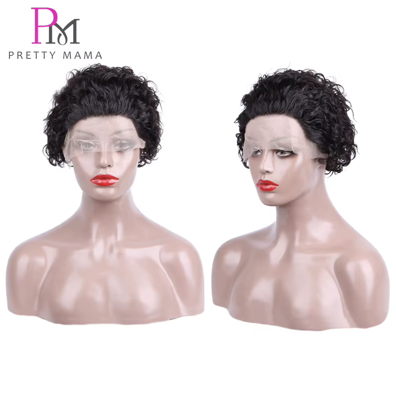 Perruque Bob Brésilienne Naturelle Remy, Cheveux Courts Bouclés, Coupe Pixie, Pre-Plucked, Water Wav