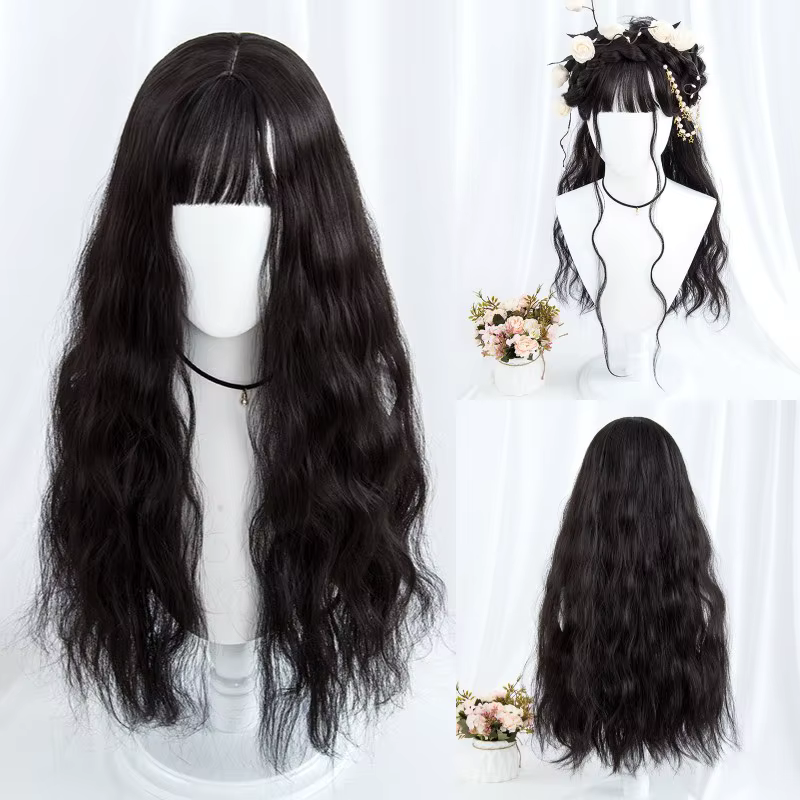 Perruque synthétique longue bouclée, perruque de Cosplay avec frange, grise, violette, naturelle, no
