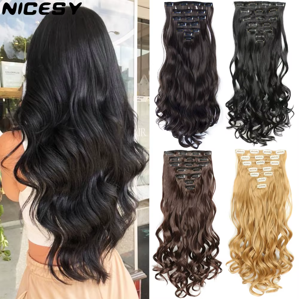 NICESY 16Clips synthétiques 24 pouces longs cheveux bouclés postiche résistant à la chaleur Extensio