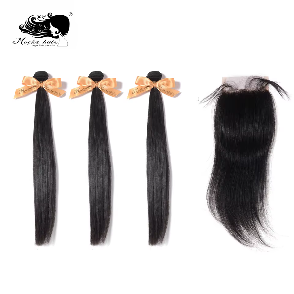MOCHA Hair – mèches brésiliennes 100% naturelles, cheveux vierges, lisses, 10A, avec Lace Closure 4*