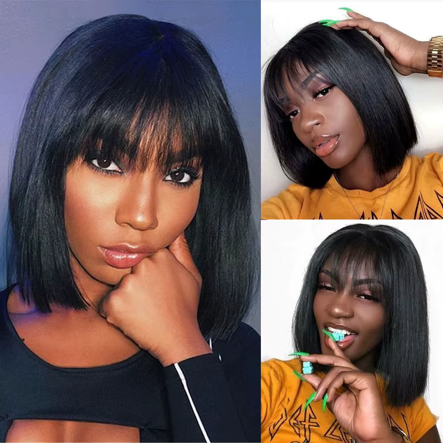 HairUGo-Perruque BOB blonde avec frange pour femme, perruques de cheveux humains Remy, entièrement f