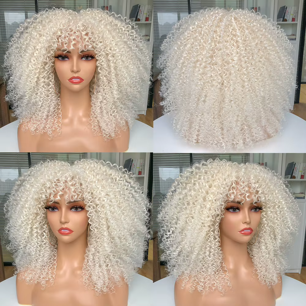Perruques courtes Afro cheveux crépus bouclés perruques avec frange pour les femmes noires Cosplay L