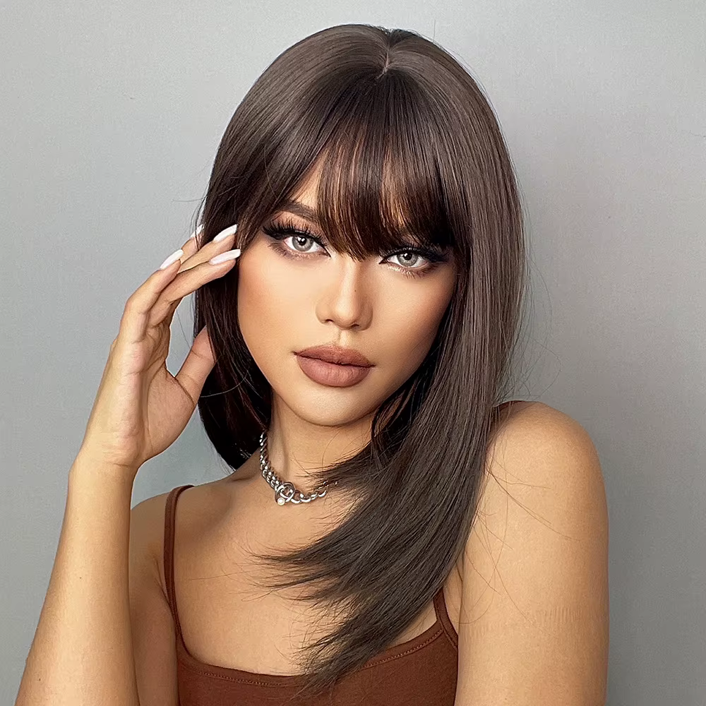 GEMMA – perruque synthétique BoBo marron foncé avec frange pour femmes, postiche lisse à longueur d'