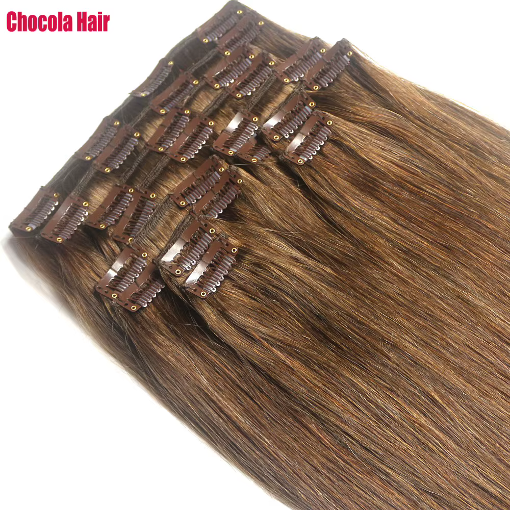 Chocola Clip en 100% Extensions de cheveux humains brésiliens Remy pleine tête 16 "-28" 12 pièces en