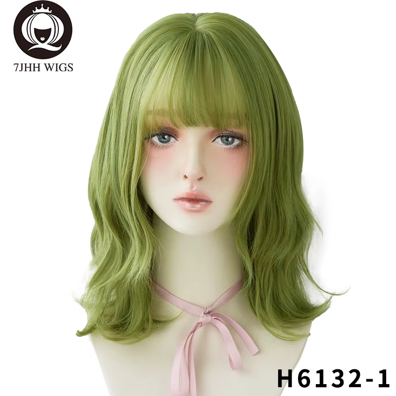 7JHH perruques vert Olive vague profonde perruque avec frange pour les femmes fête délicate Cosplay