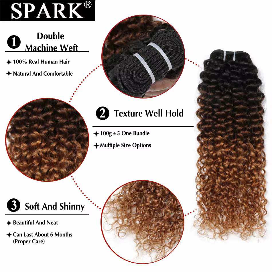Extensions de cheveux humains Spark Afro Kinky Curly Ombré 100% Remy, mèches brésiliennes, lots de 1