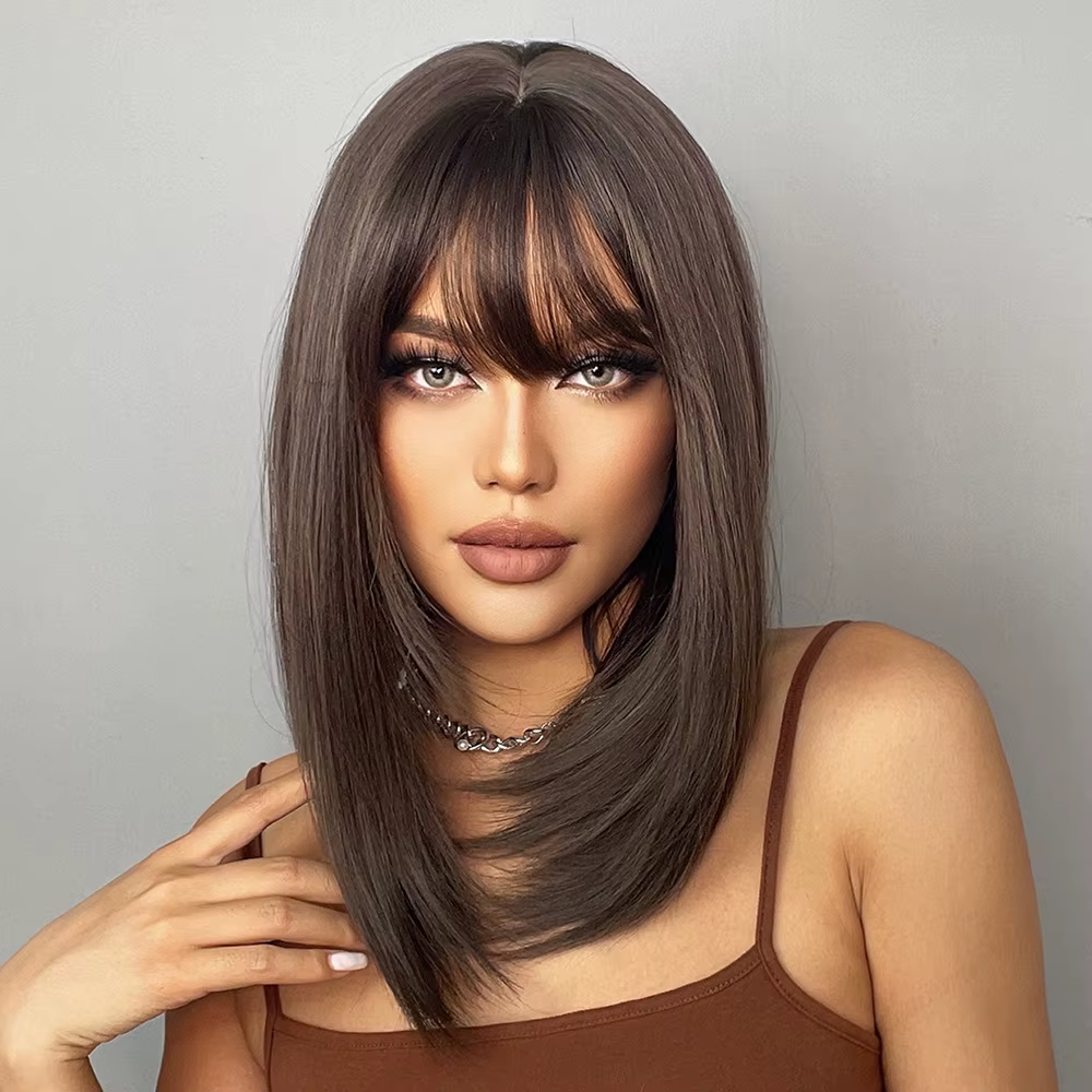 GEMMA – perruque synthétique BoBo marron foncé avec frange pour femmes, postiche lisse à longueur d'