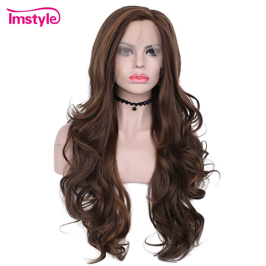 Imstyle – perruque Lace Front Wig synthétique marron pour femmes, perruque longue ondulée, couleur m