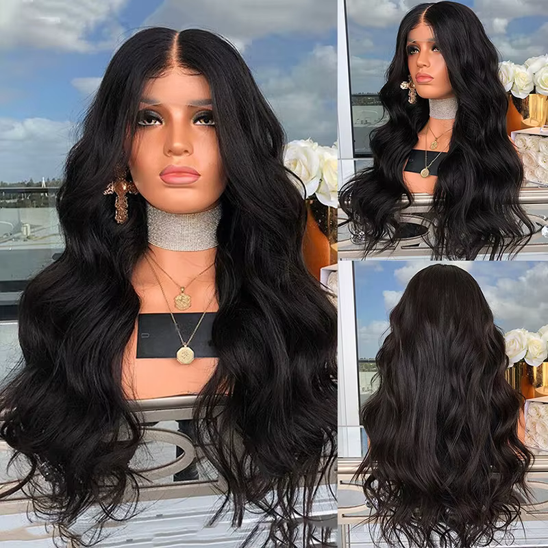 Perruque Lace Front Wig synthétique Body Wave longue bleu foncé, 13x4, naissance des cheveux naturel